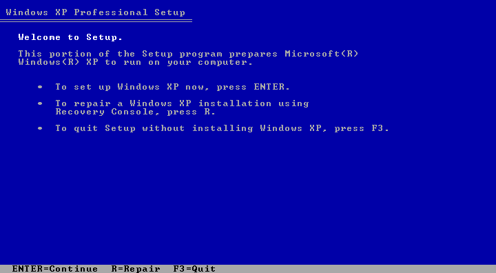 The initial “Welcome to Setup” screen from the Windows XP installer